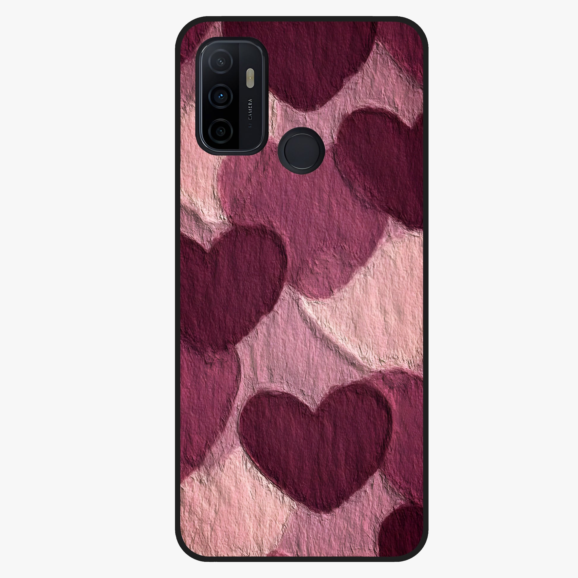 Layered Paper Hearts Glass Case showing flat back view with layered paper heart artwork and glossy glass finish.