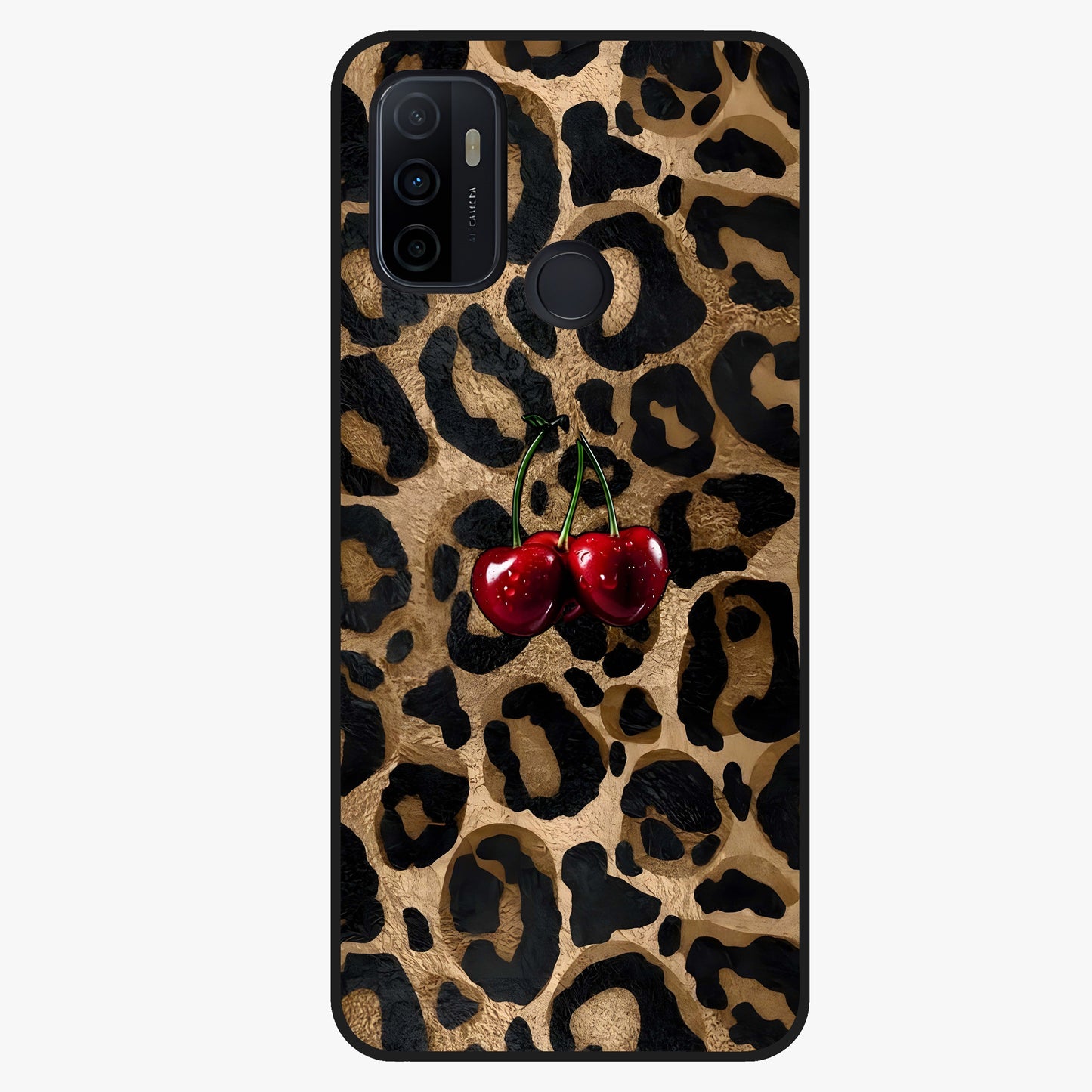 Leopard Wild Cherry Glass Case showing flat back view with leopard pattern and cherry artwork and glossy glass finish.