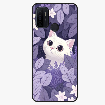 Lilac Hide Peek Cat Glass Case showing flat back view with cute peeking cat artwork and glossy glass finish.