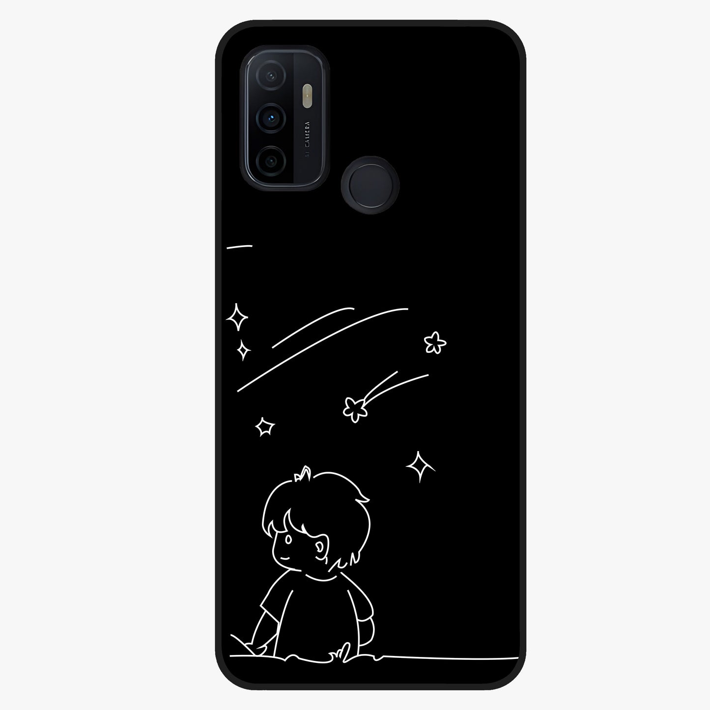 Line Art Boy With Shooting Stars Glass Case showing flat back view with minimal line art boy and shooting stars illustration and glossy glass finish.