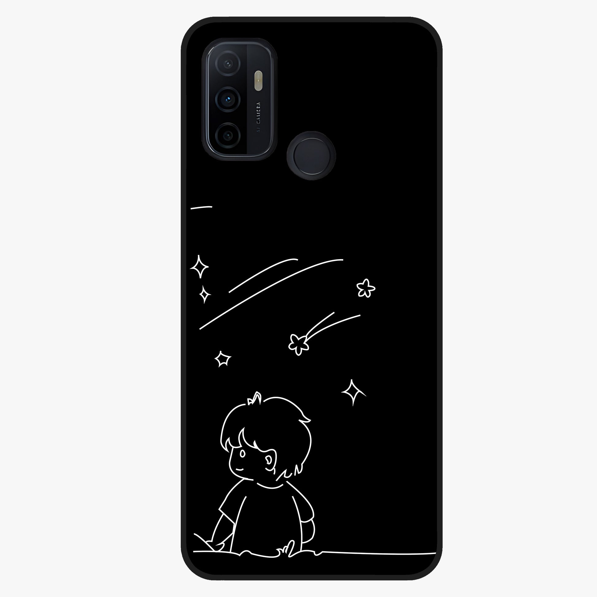 Line Art Boy With Shooting Stars Glass Case showing flat back view with minimal line art boy and shooting stars illustration and glossy glass finish.