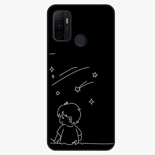 Line Art Boy With Shooting Stars Glass Case showing flat back view with minimal line art boy and shooting stars illustration and glossy glass finish.