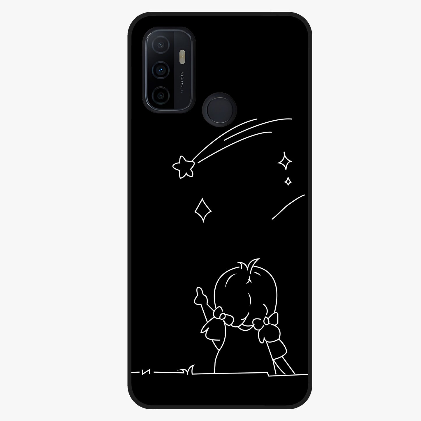 Line Art Girl With Shooting Stars Glass Case showing flat back view with minimal line art girl and shooting stars illustration and glossy glass finish.
