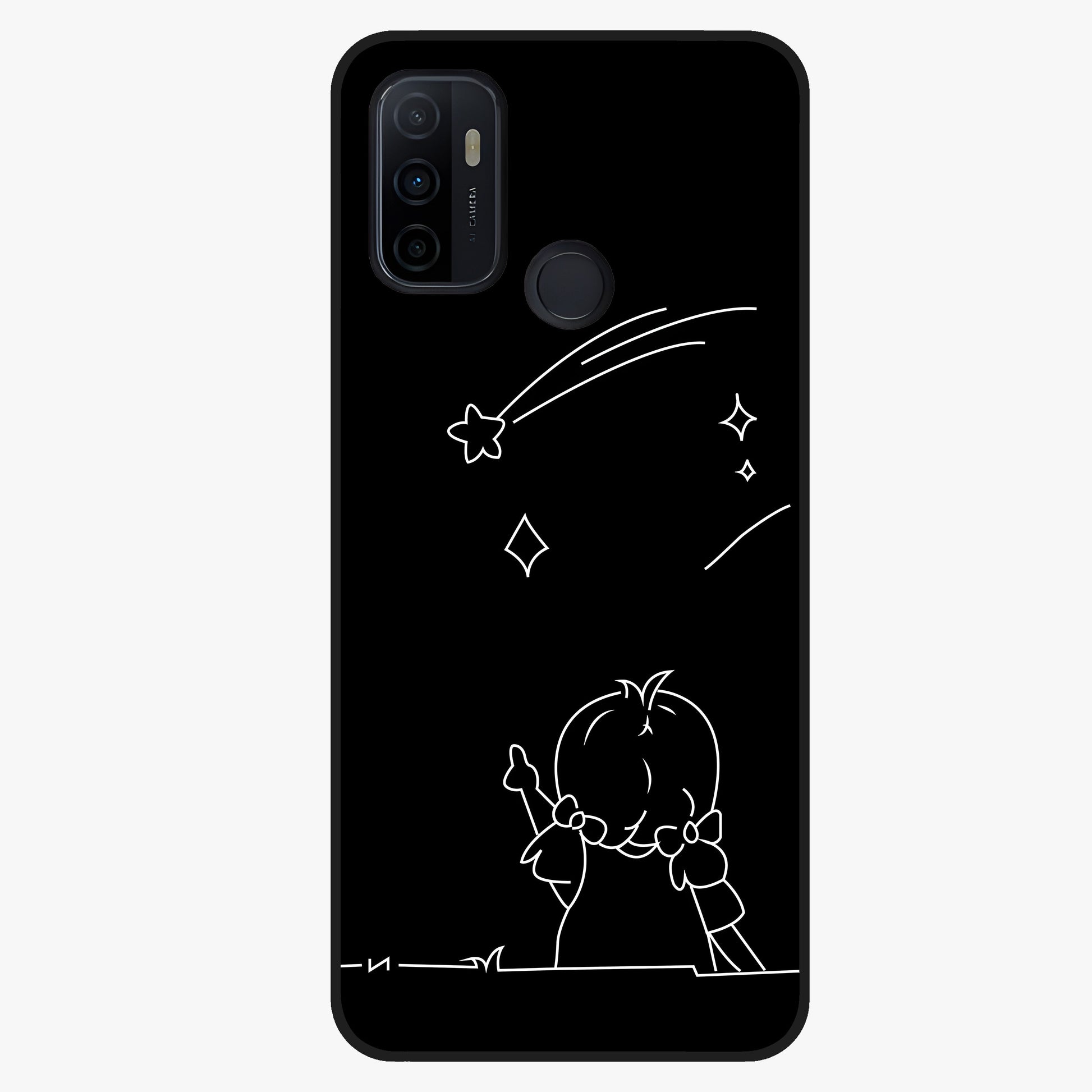 Line Art Girl With Shooting Stars Glass Case showing flat back view with minimal line art girl and shooting stars illustration and glossy glass finish.