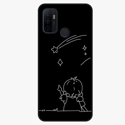 Line Art Girl With Shooting Stars Glass Case showing flat back view with minimal line art girl and shooting stars illustration and glossy glass finish.