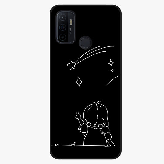 Line Art Girl With Shooting Stars Glass Case showing flat back view with minimal line art girl and shooting stars illustration and glossy glass finish.