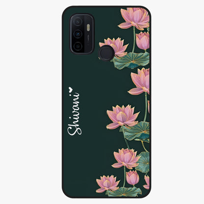 Lotus Bloom Serenity Custom Name Glass Case showing flat back view with elegant lotus flower artwork and personalized name design.