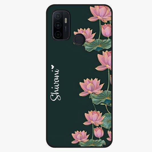 Lotus Bloom Serenity Custom Name Glass Case showing flat back view with elegant lotus flower artwork and personalized name design.