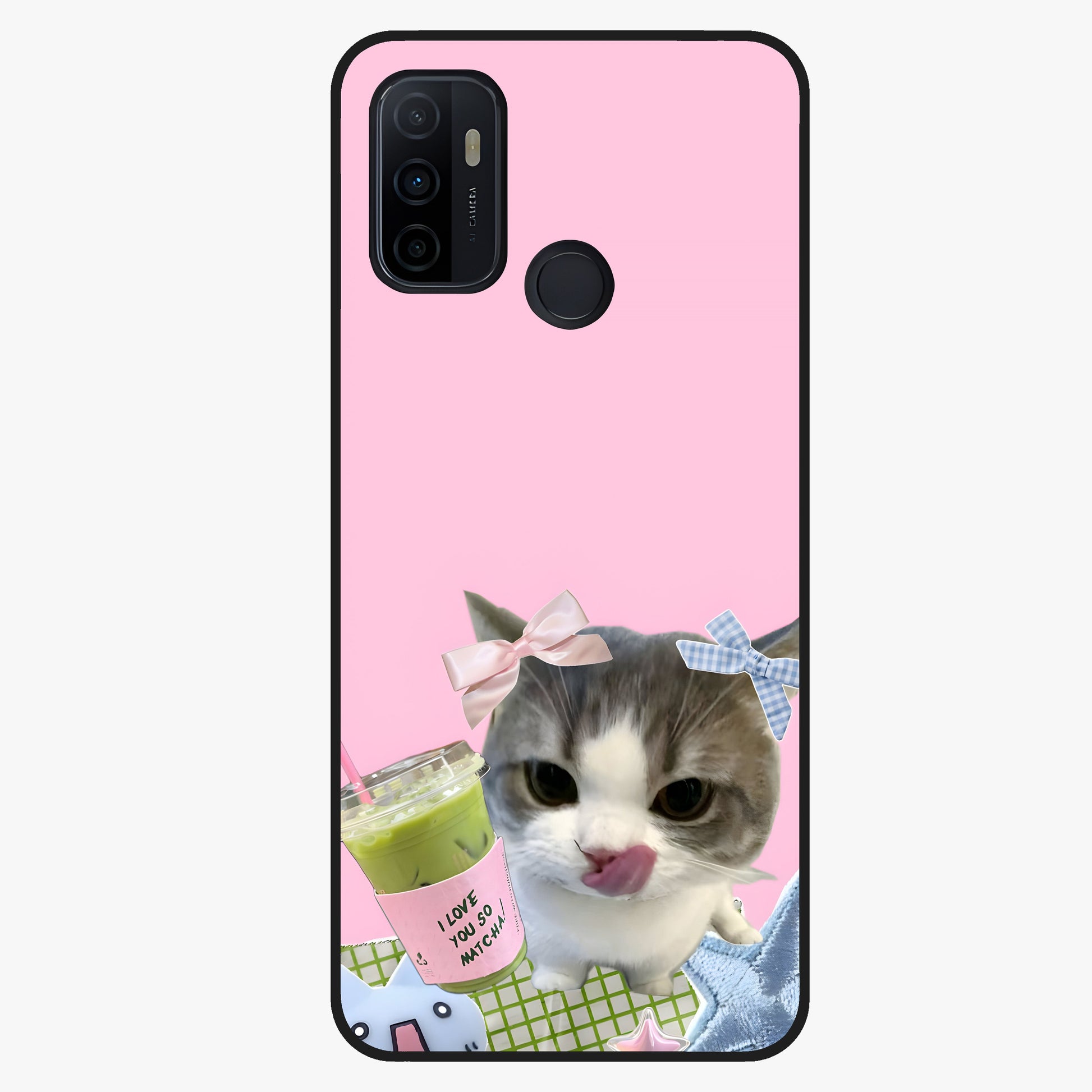 Love Matcha Cat Glass Case showing flat back view with cute cat and matcha themed artwork and glossy glass finish.