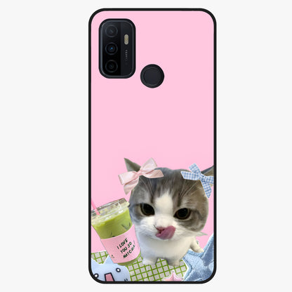 Love Matcha Cat Glass Case showing flat back view with cute cat and matcha themed artwork and glossy glass finish.