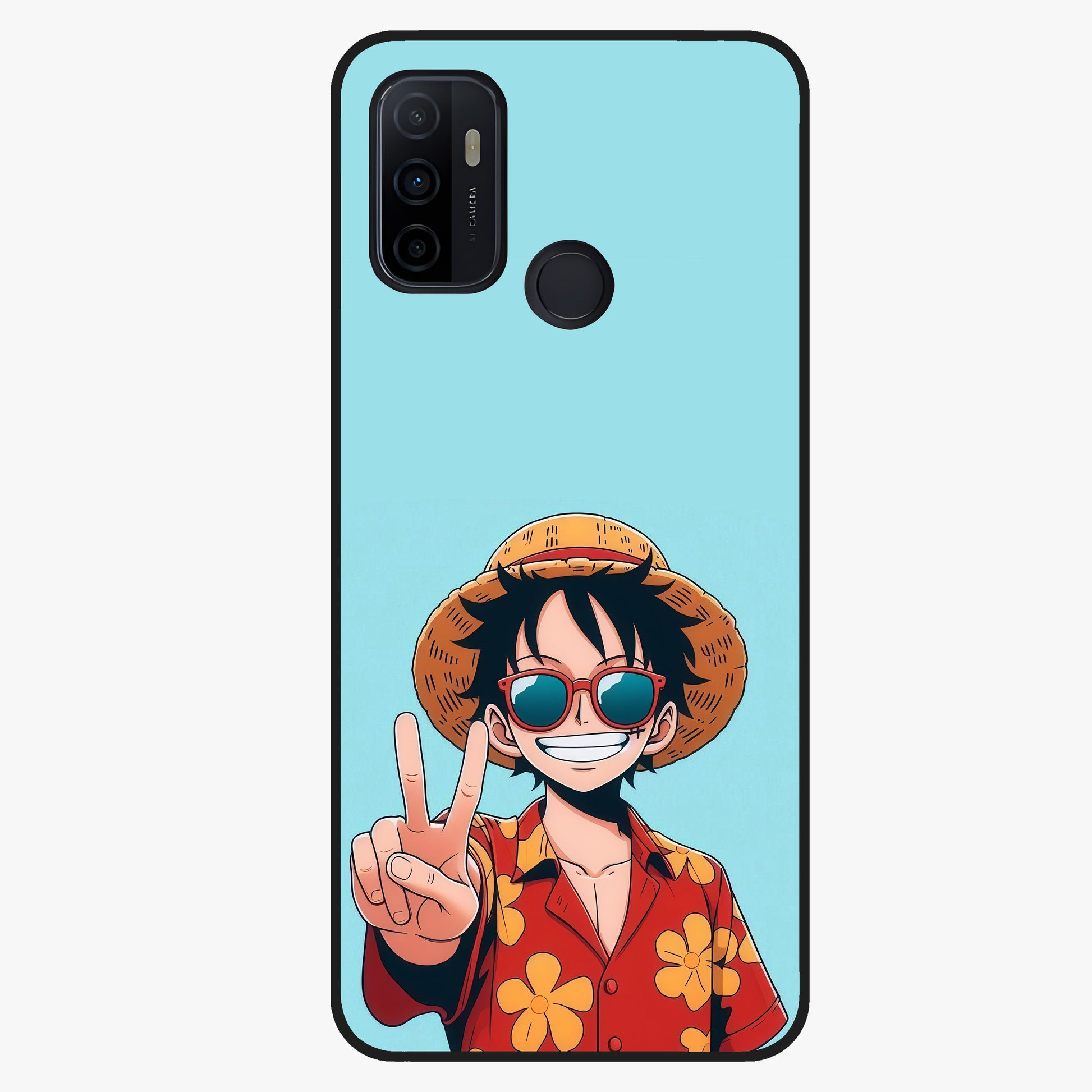 Luffy Summer Anime Vibe Glass Case showing flat back view with vibrant anime character artwork and glossy glass finish.