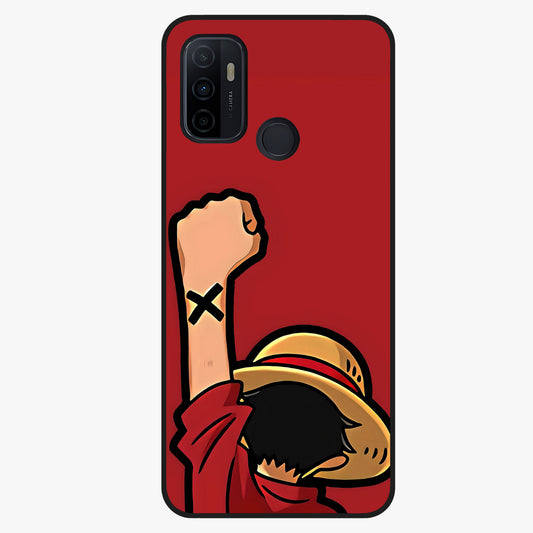 Luffy X Spirit Glass Case showing flat back view with bold anime character artwork and glossy glass finish.