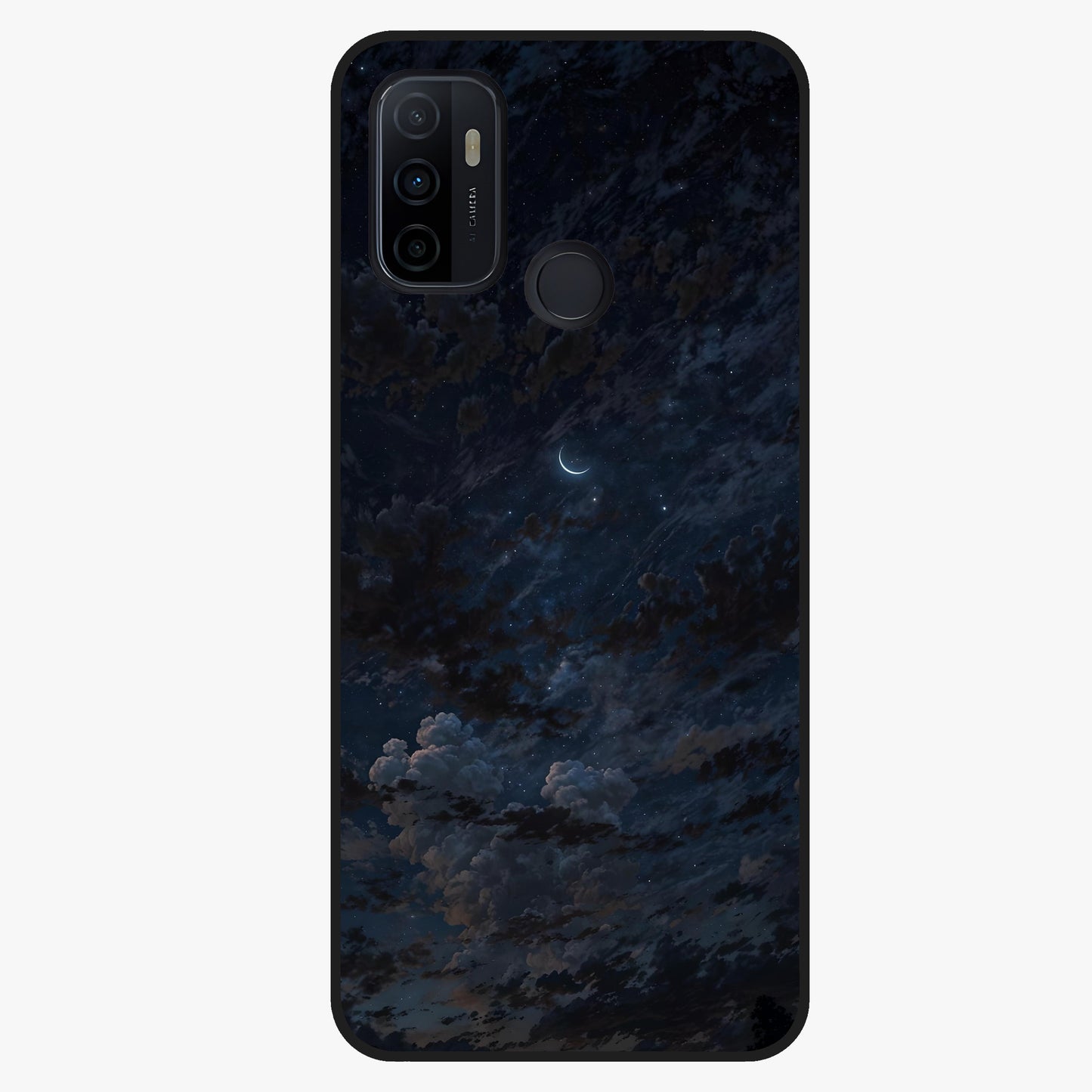 Lunar Veil Silence Glass Case showing flat back view with mystical moon veil artwork and glossy glass finish.