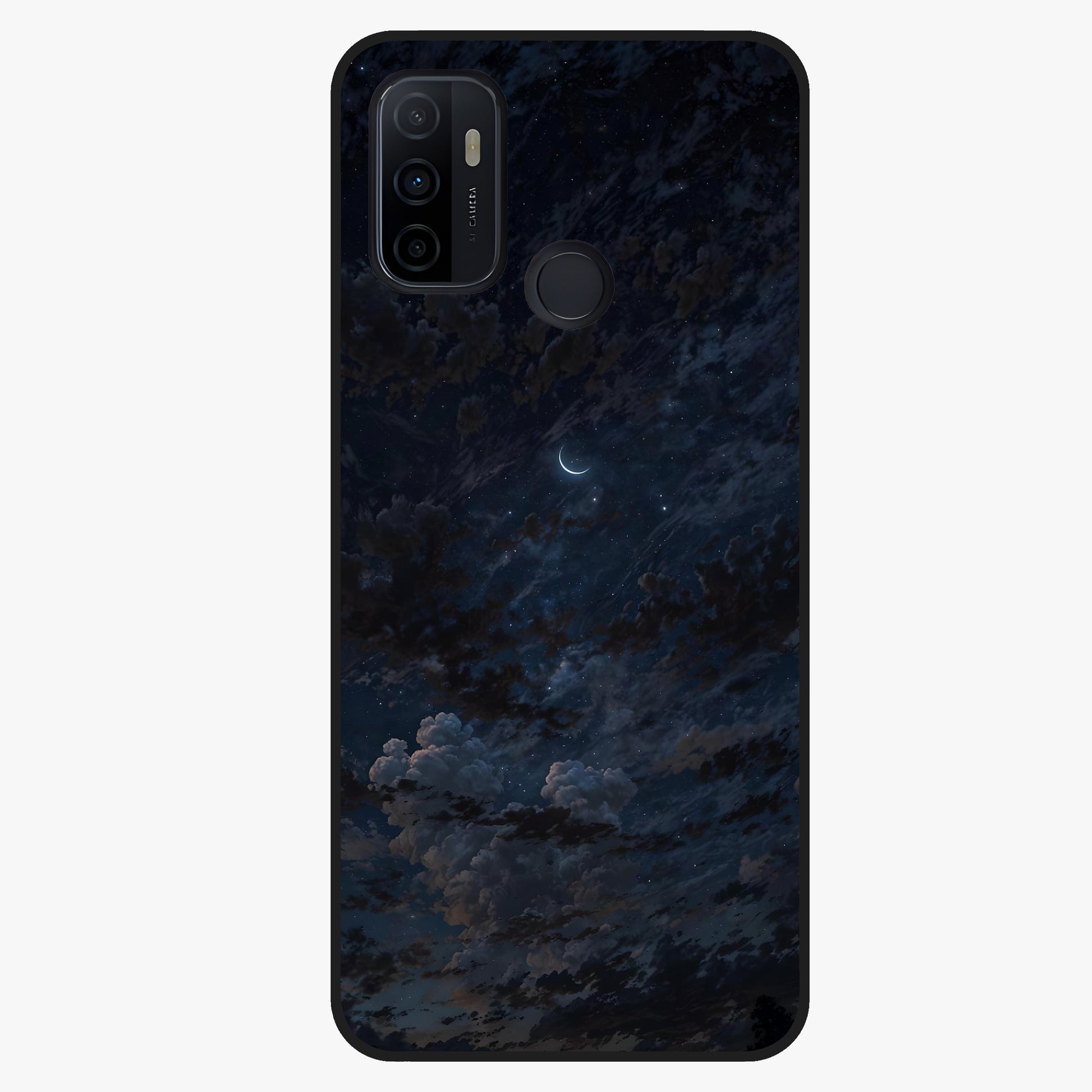 Lunar Veil Silence Glass Case showing flat back view with mystical moon veil artwork and glossy glass finish.