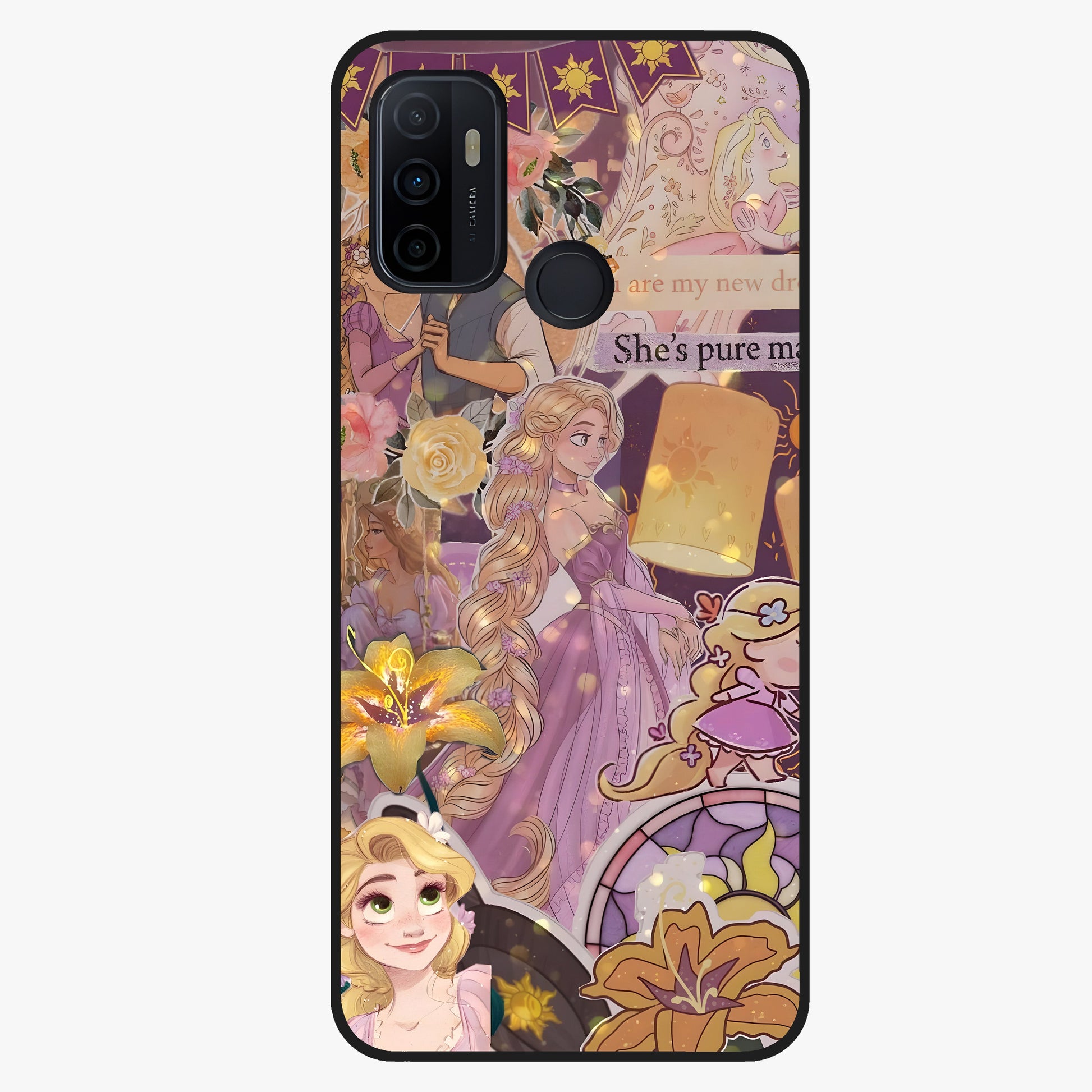 Magical Tangled Dream Glass Case showing flat back view with dreamy tangled artwork and glossy glass finish.