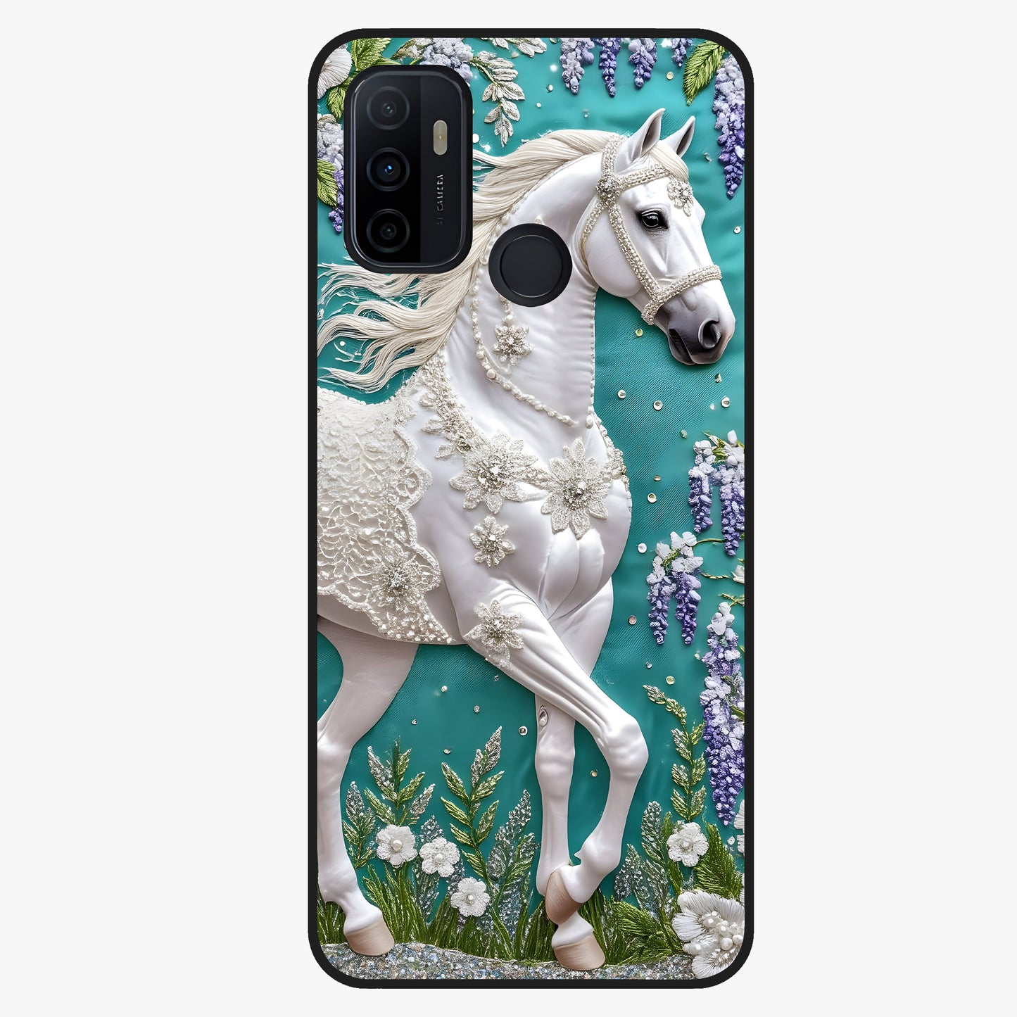Majestic Floral Stallion Glass Case showing flat back view with powerful horse and floral artwork and glossy glass finish.