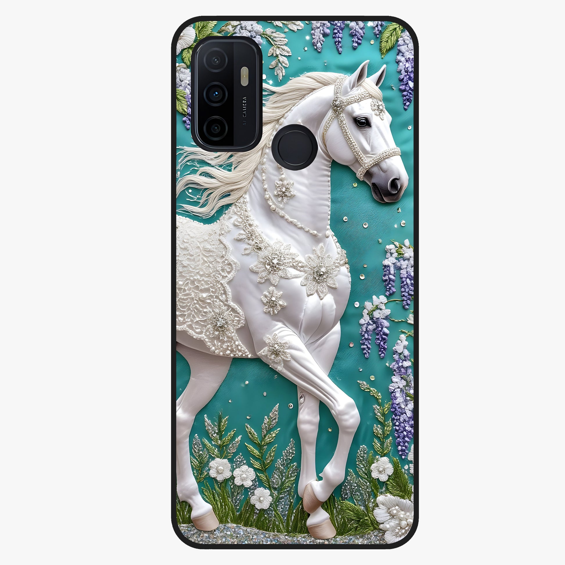 Majestic Floral Stallion Glass Case showing flat back view with powerful horse and floral artwork and glossy glass finish.