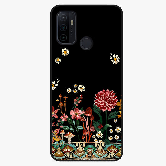 Midnight Bloom Pattern Glass Case showing flat back view with dark floral pattern artwork and glossy glass finish.