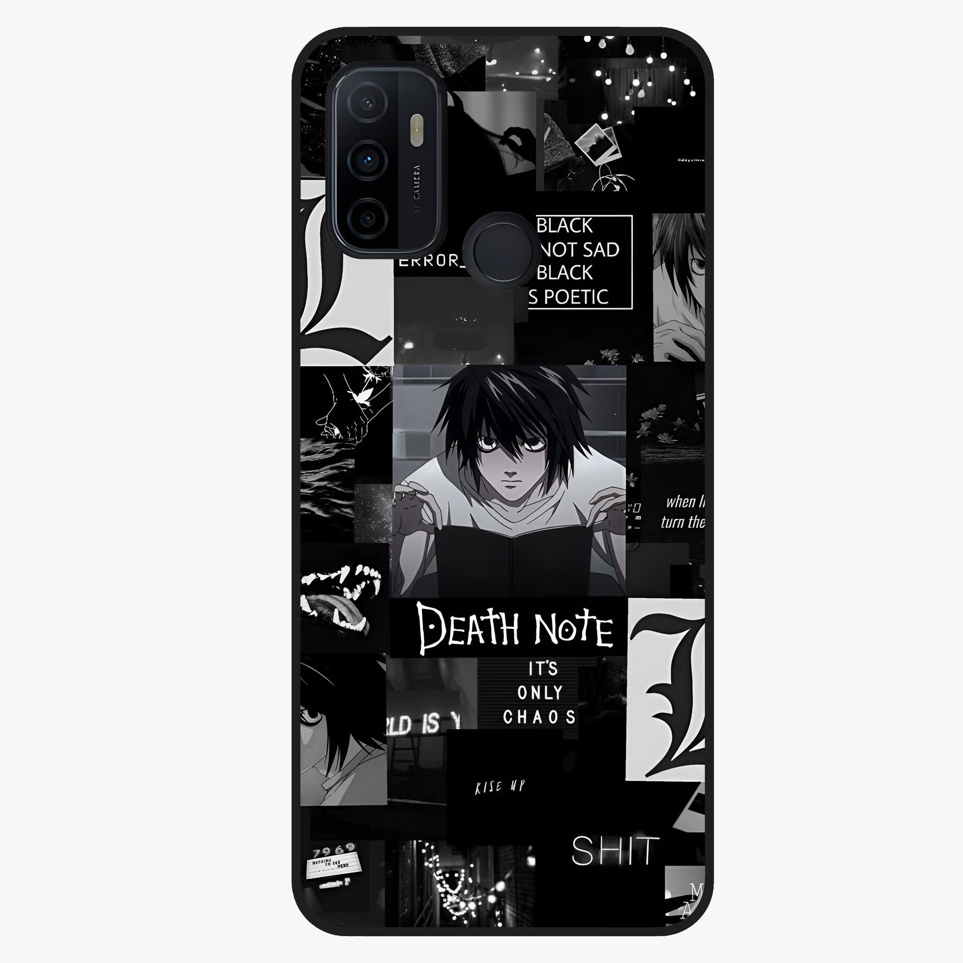 Midnight Chaos Mind Glass Case showing flat back view with abstract dark themed artwork and glossy glass finish.