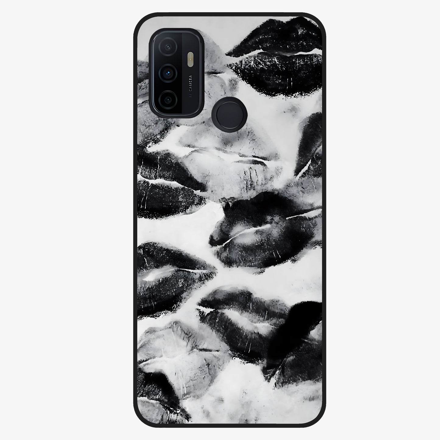 Midnight Kiss Marks Glass Case showing flat back view with lipstick kiss mark artwork and glossy glass finish.