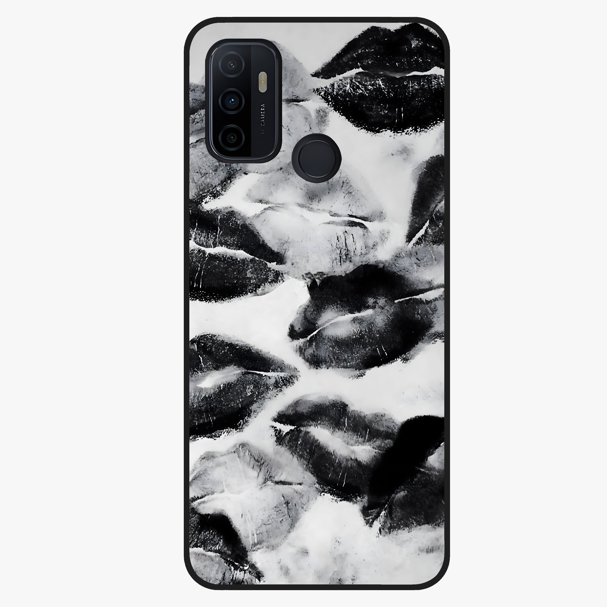 Midnight Kiss Marks Glass Case showing flat back view with lipstick kiss mark artwork and glossy glass finish.