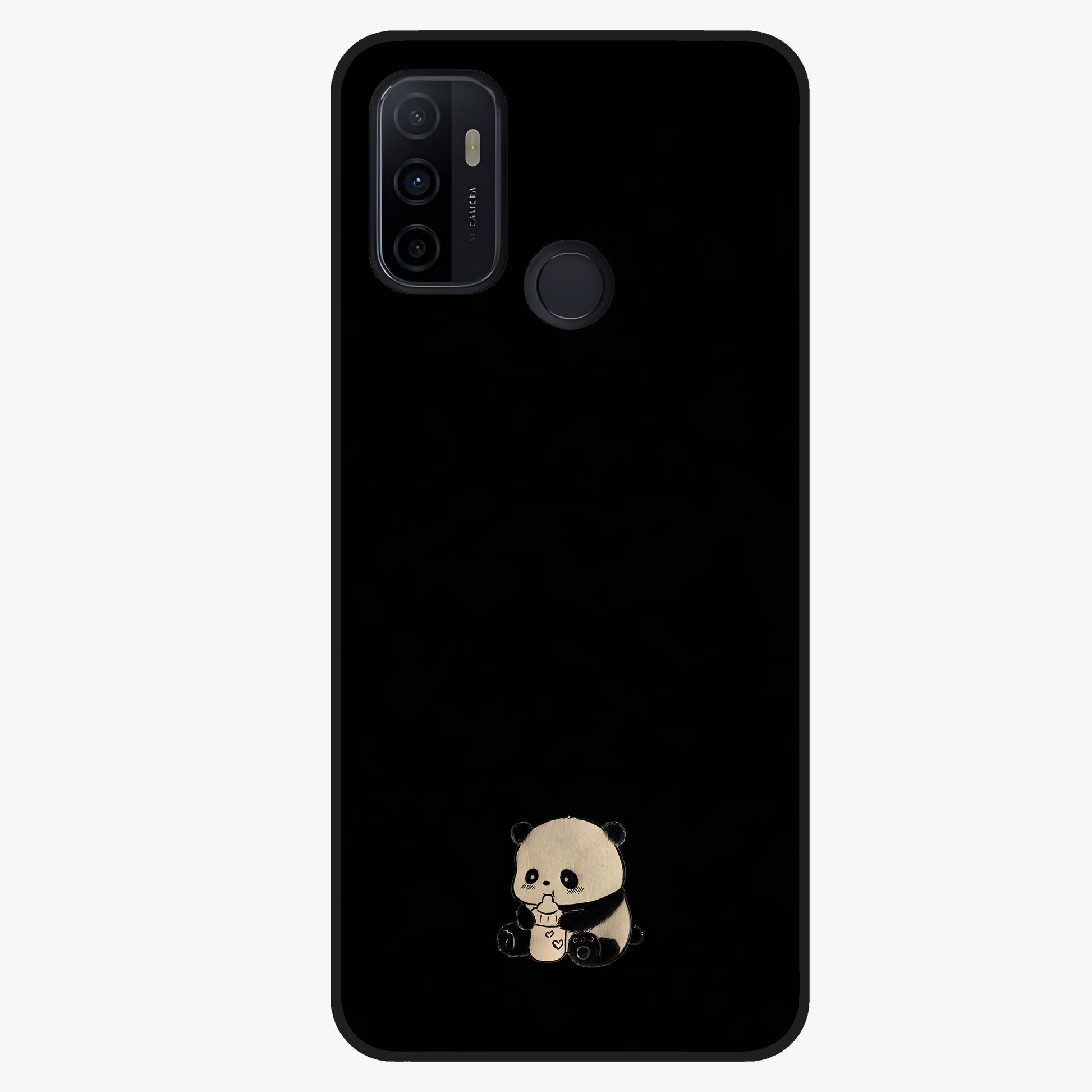 Midnight Panda Love Glass Case showing flat back view with cute panda themed artwork and glossy glass finish.