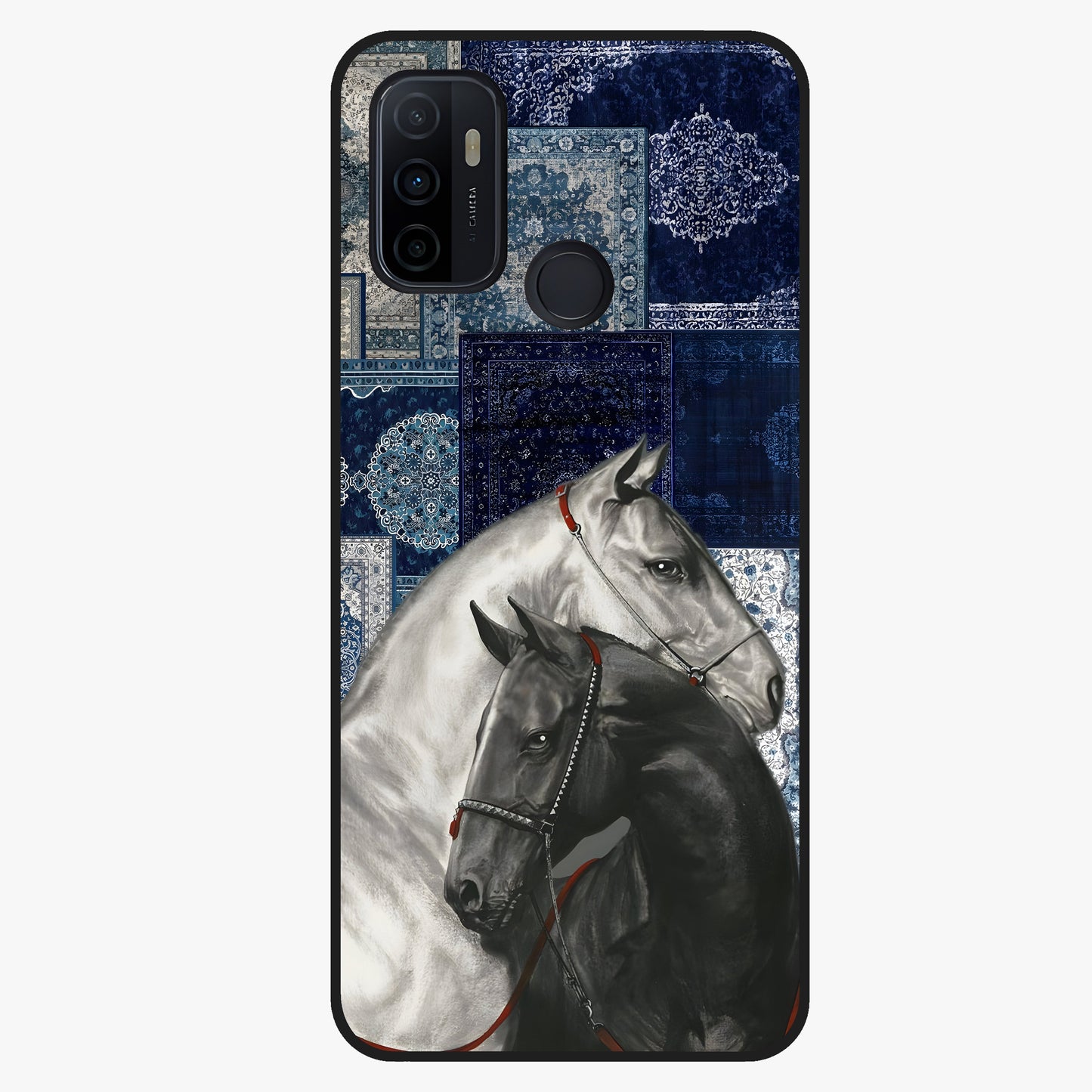 Midnight Stallion Blues Glass Case showing flat back view with majestic horse artwork and glossy glass finish.