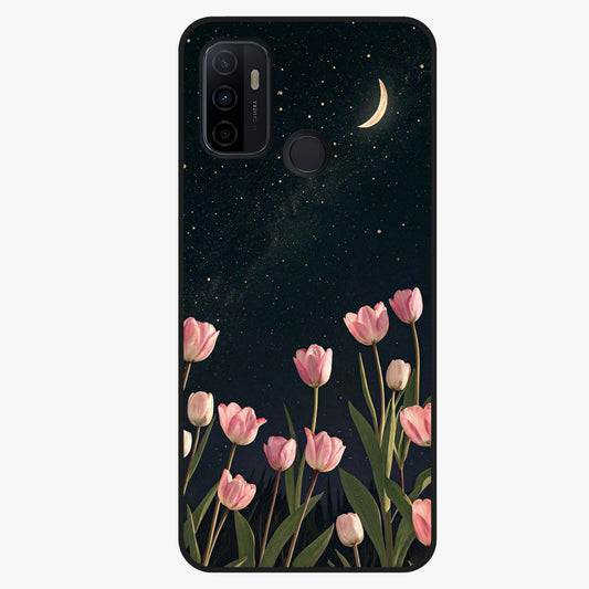 Midnight Tulip Whispers Vibe Glass Case showing flat back view with elegant tulip flower artwork and glossy glass finish.