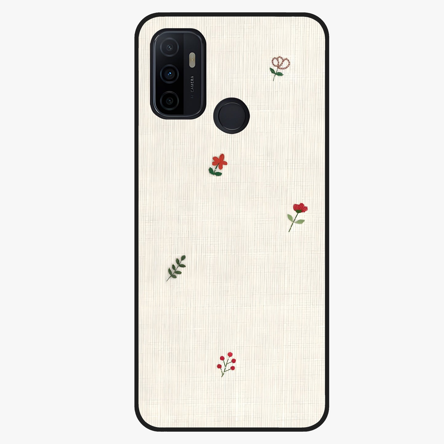 Minimal Petal Whispers Glass Case showing flat back view with soft minimal floral artwork and glossy glass finish.