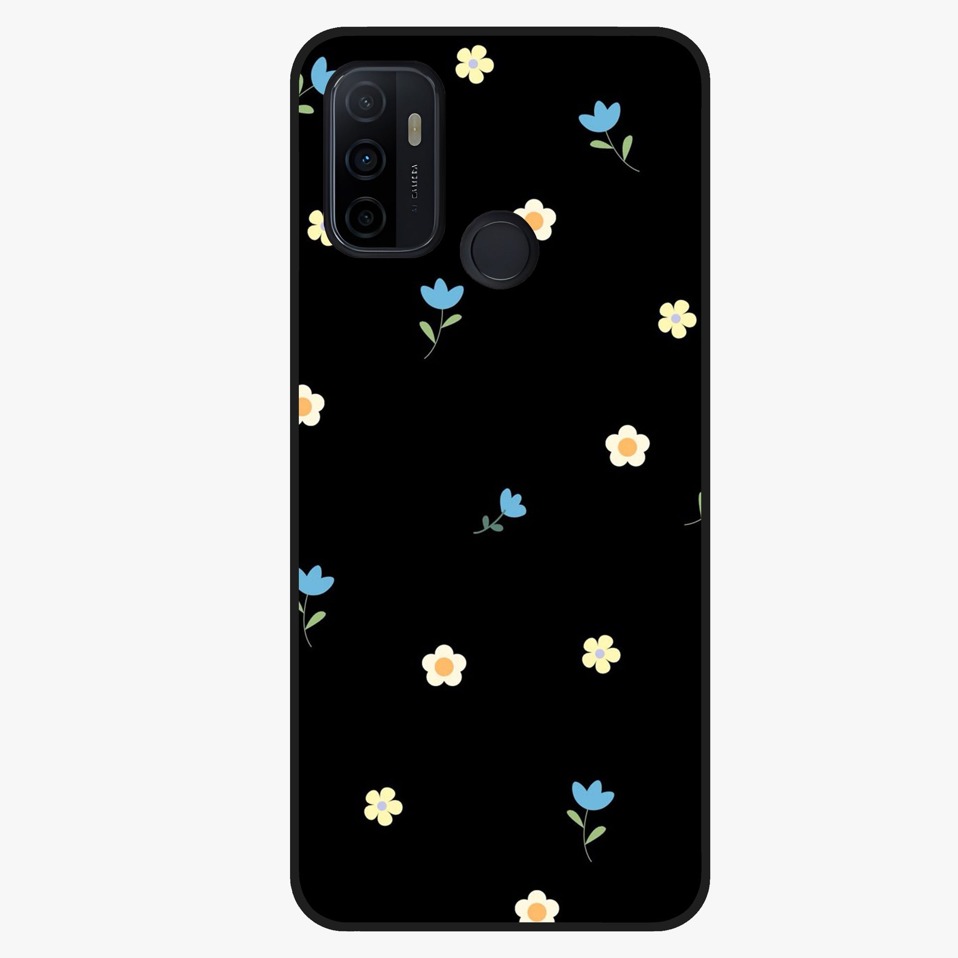 Minimalistic Blue With White Flower Pattern Glass Case showing flat back view with blue background and white flower pattern and glossy glass finish.
