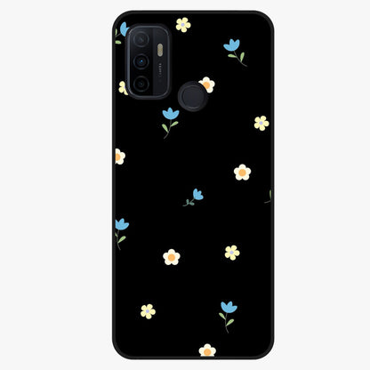 Minimalistic Blue With White Flower Pattern Glass Case showing flat back view with blue background and white flower pattern and glossy glass finish.