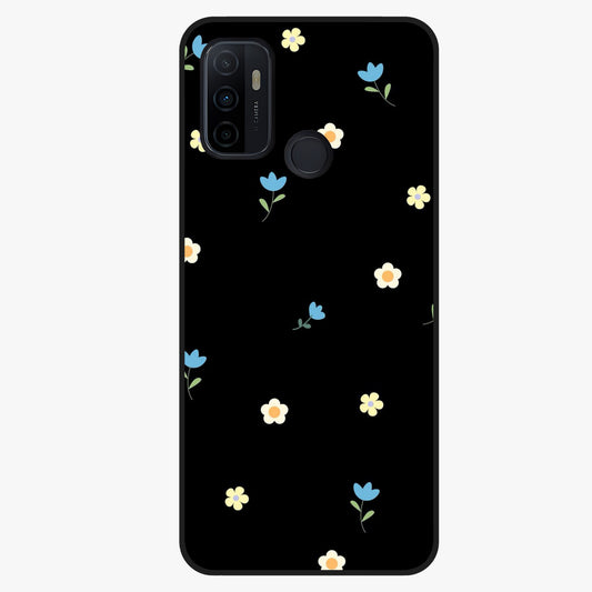 Minimalistic Blue With White Flower Pattern Glass Case showing flat back view with blue background and white flower pattern and glossy glass finish.