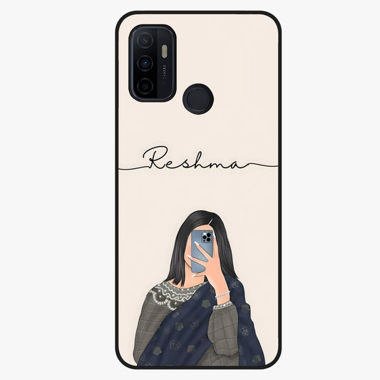 Mirror Mood Muse With Custom Name Glass Case showing flat back view with stylish mirrored artwork and personalized name design.