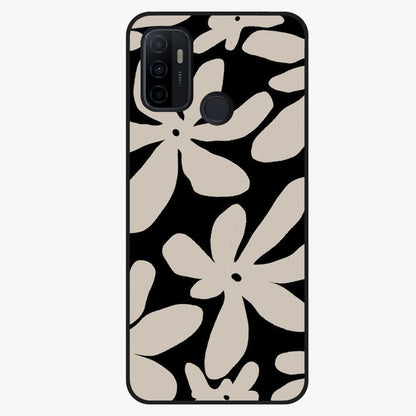 Monochrome Petal Dance Glass Case showing flat back view with monochrome floral artwork and glossy glass finish.