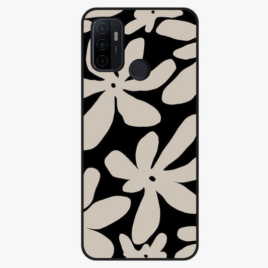 Monochrome Petal Dance Glass Case showing flat back view with monochrome floral artwork and glossy glass finish.