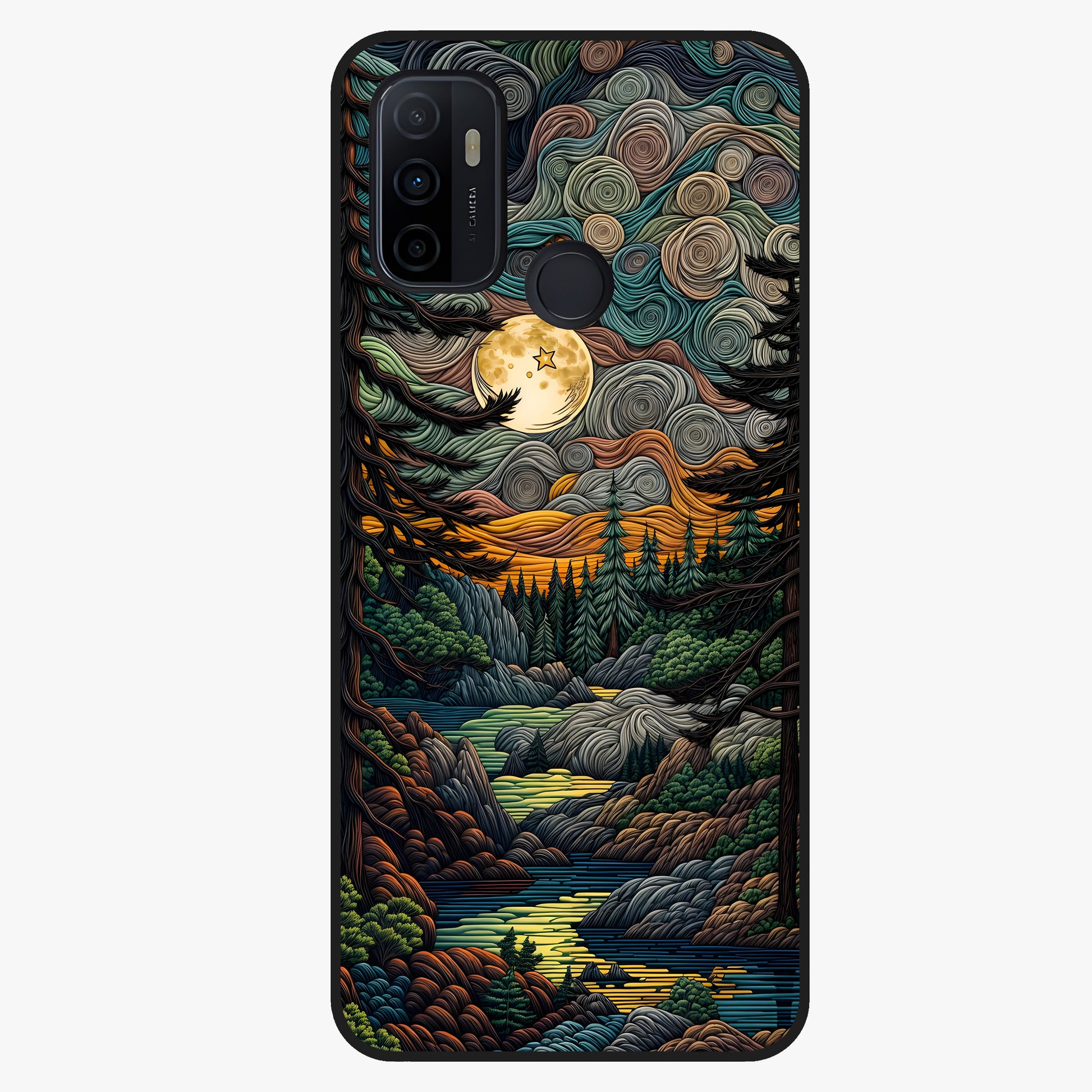 Moonlight Forest Dream Glass Case showing flat back view with mystical forest moonlight artwork and glossy glass finish.