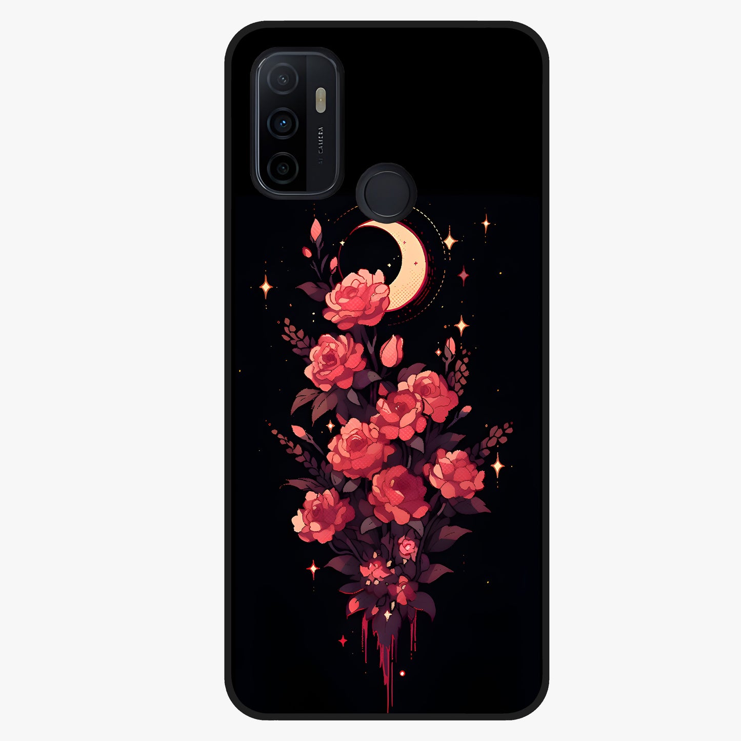 Moonlit Floral Elegance Glass Case showing flat back view with elegant floral artwork under moonlit tones and glossy glass finish.