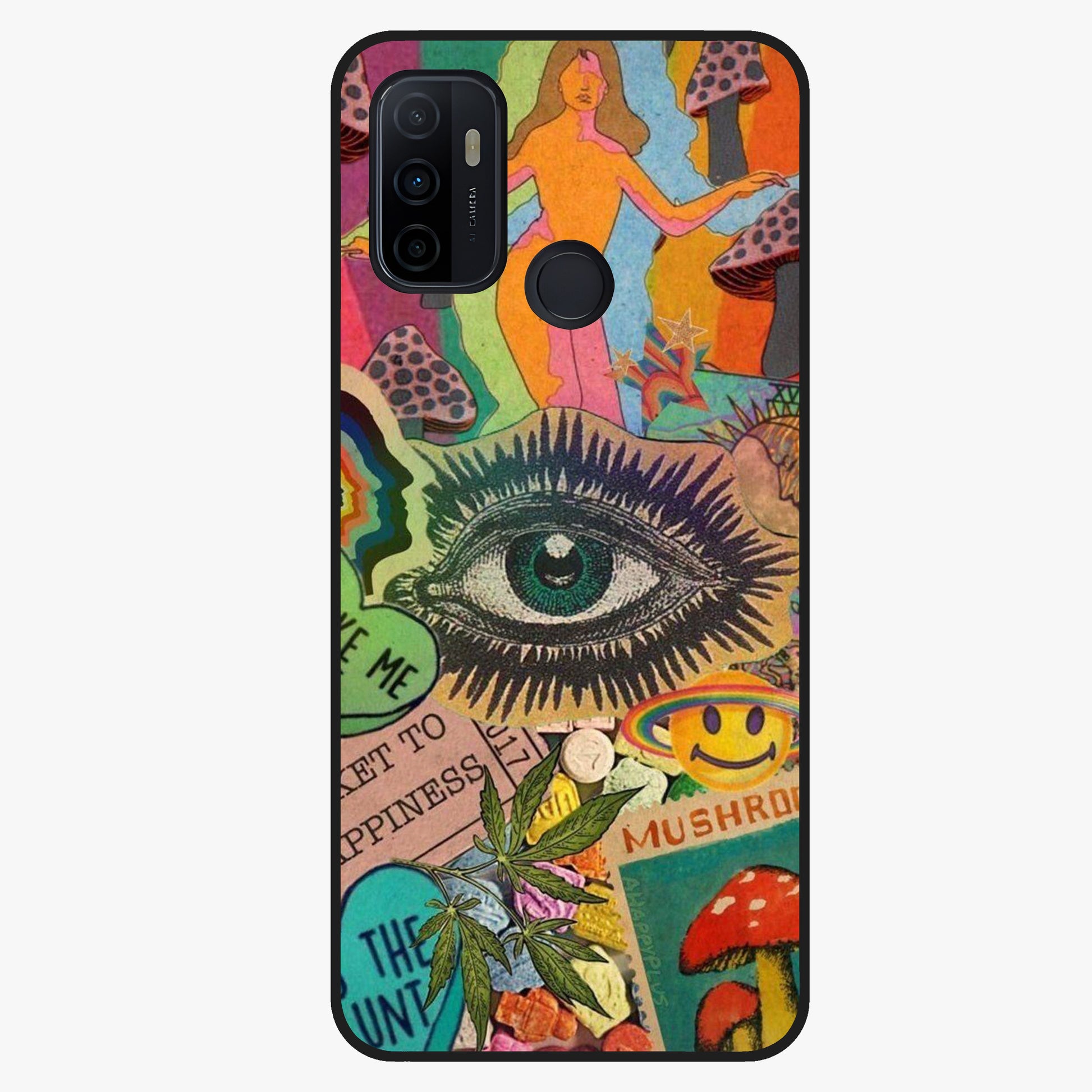 Mystic Eye Wonderland Glass Case showing flat back view with mystical eye themed artwork and glossy glass finish.