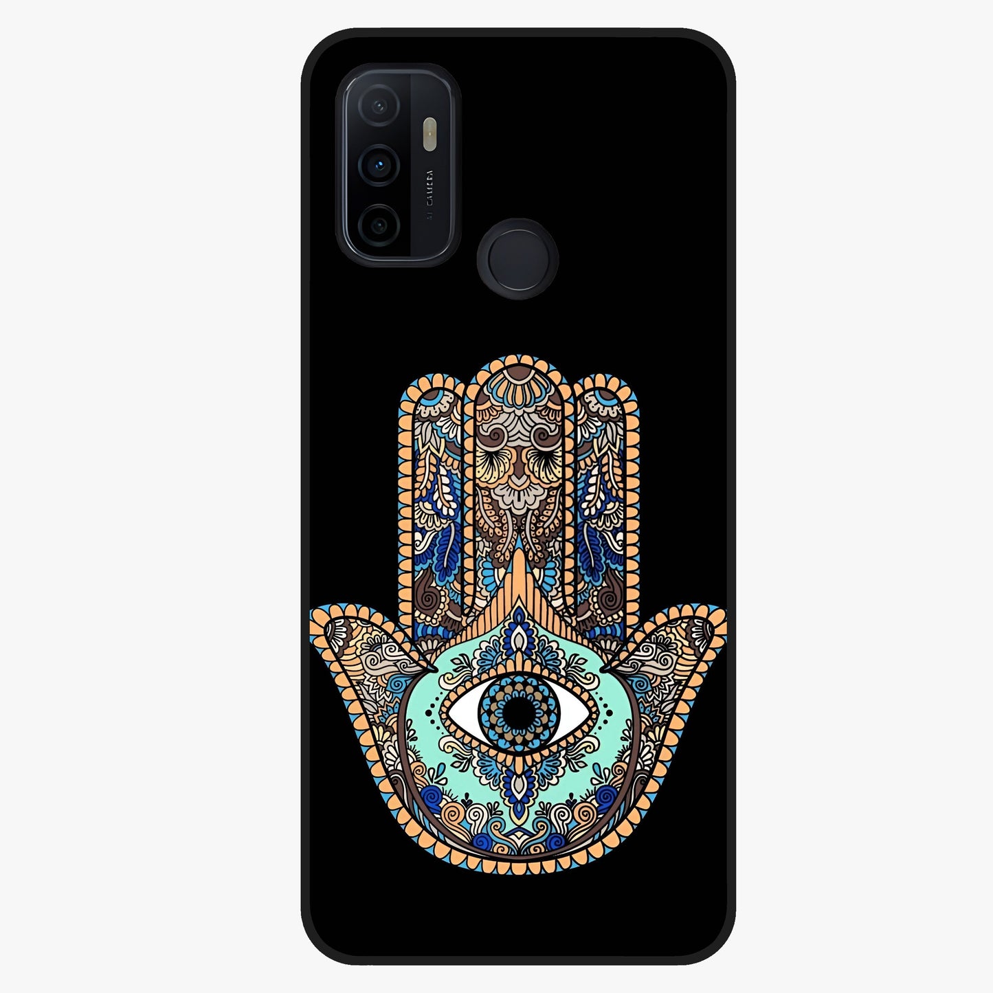Mystic Hamsa Eye Glass Case showing flat back view with protective hamsa hand and evil eye artwork and glossy glass finish.