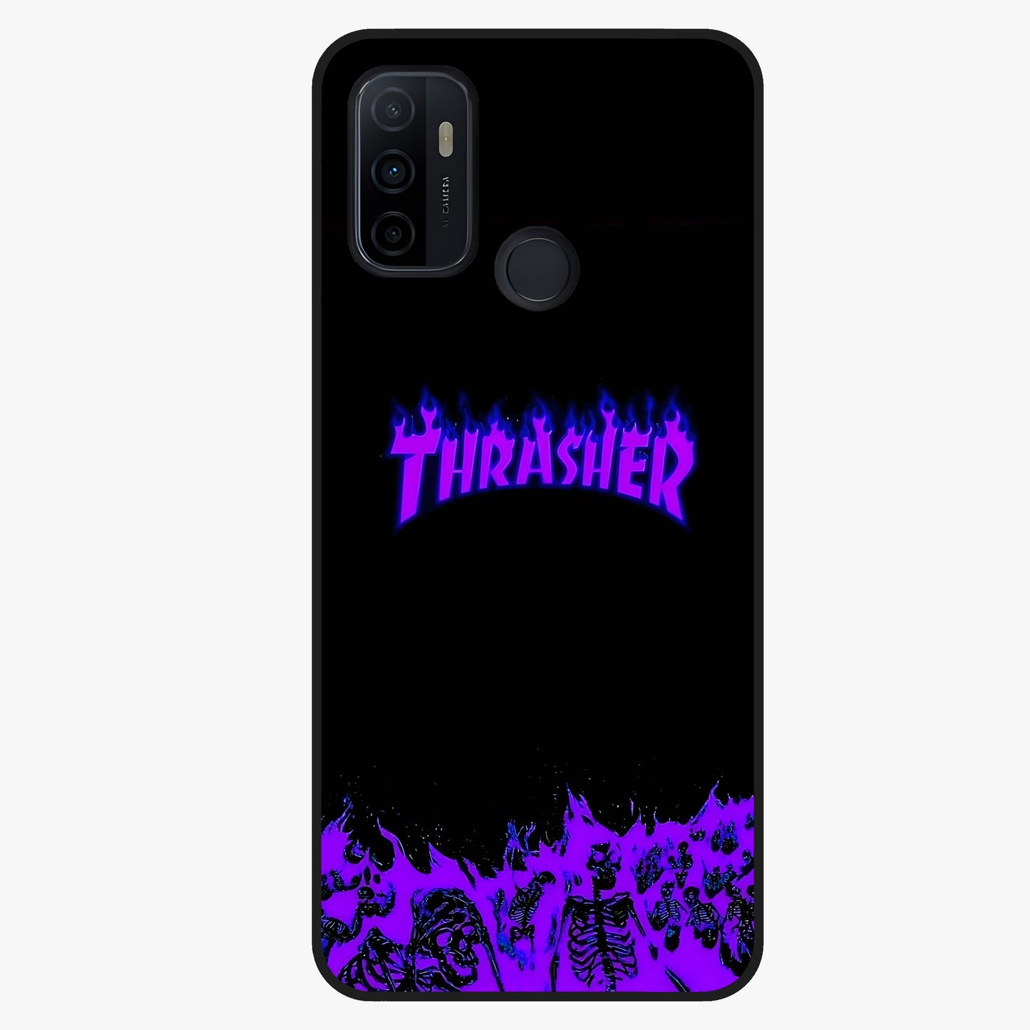 Neon Flame Riot Glass Case showing flat back view with neon flame artwork and glossy glass finish.