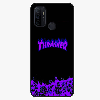 Neon Flame Riot Glass Case showing flat back view with neon flame artwork and glossy glass finish.