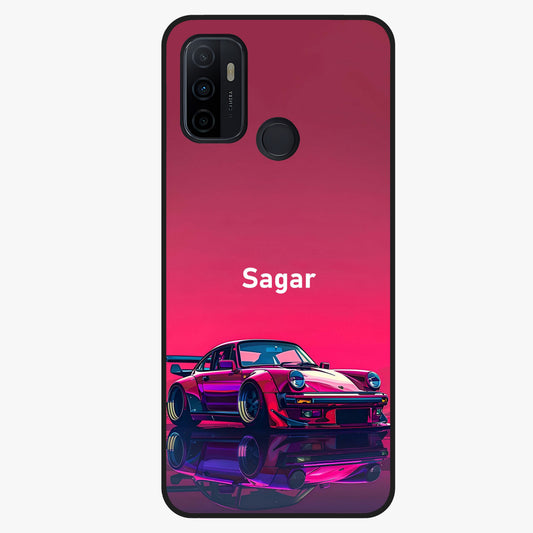 Neon Pink Porsche Glass Case showing flat back view with stylish sports car artwork and glossy glass finish.