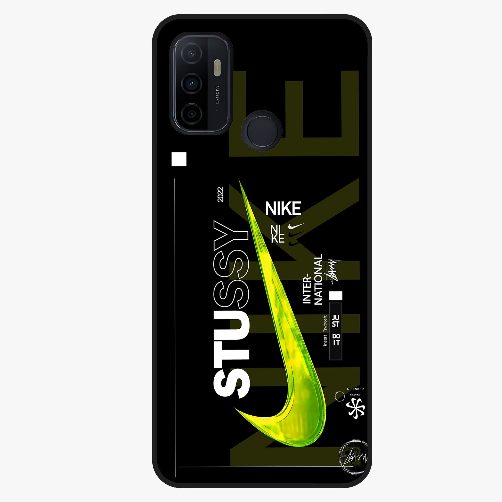 Neon Street Edition Glass Case showing flat back view with neon street style artwork and glossy glass finish.