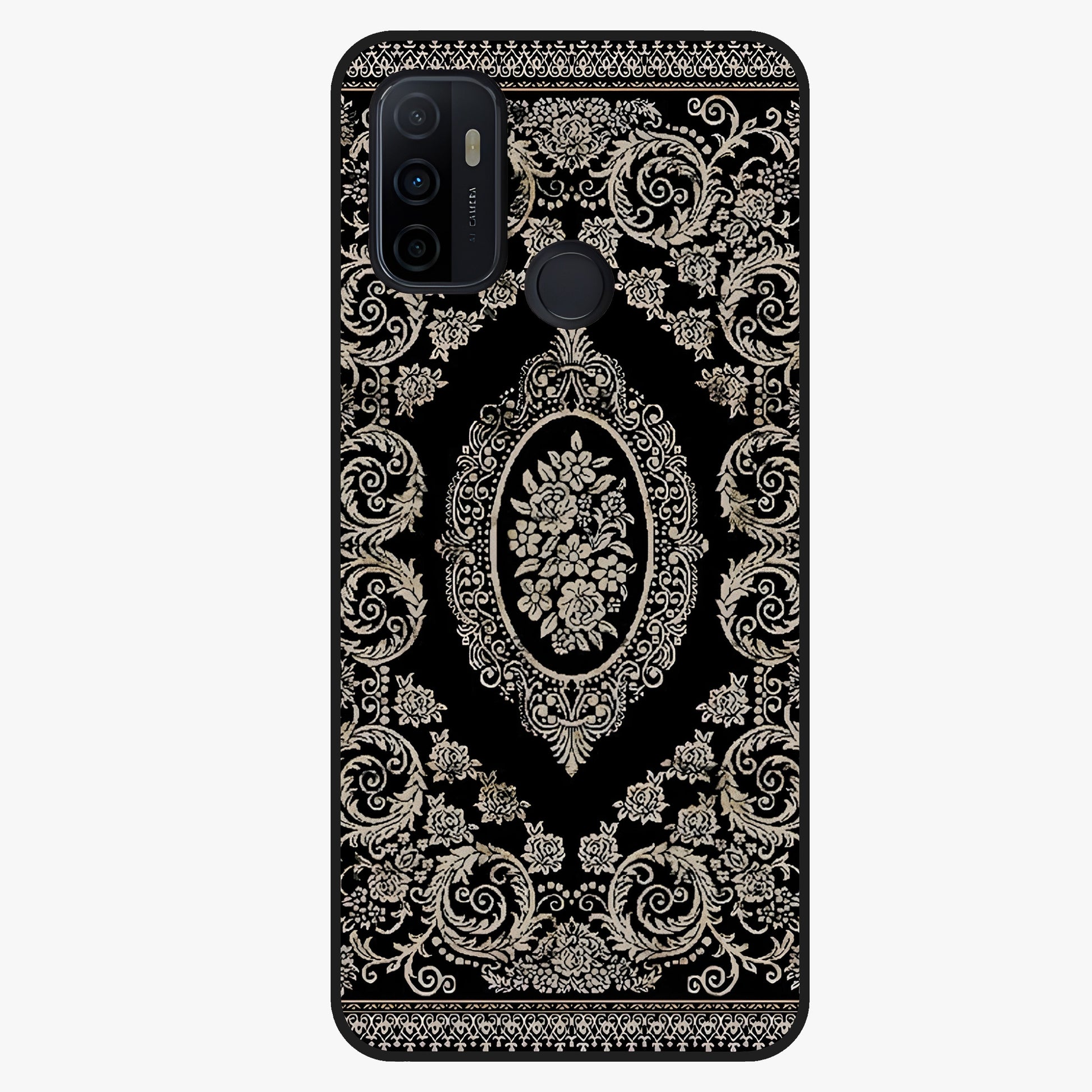 Noir Bloom Elegance Glass Case showing flat back view with elegant dark floral artwork and glossy glass finish.
