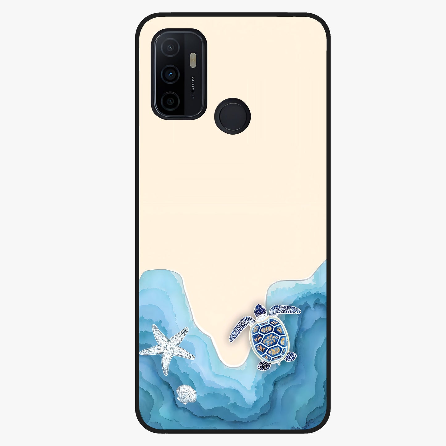 Ocean Drift Turtle Glass Case showing flat back view with sea turtle artwork and glossy glass finish.