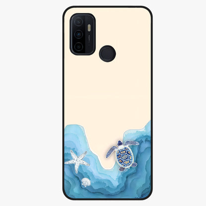 Ocean Drift Turtle Glass Case showing flat back view with sea turtle artwork and glossy glass finish.