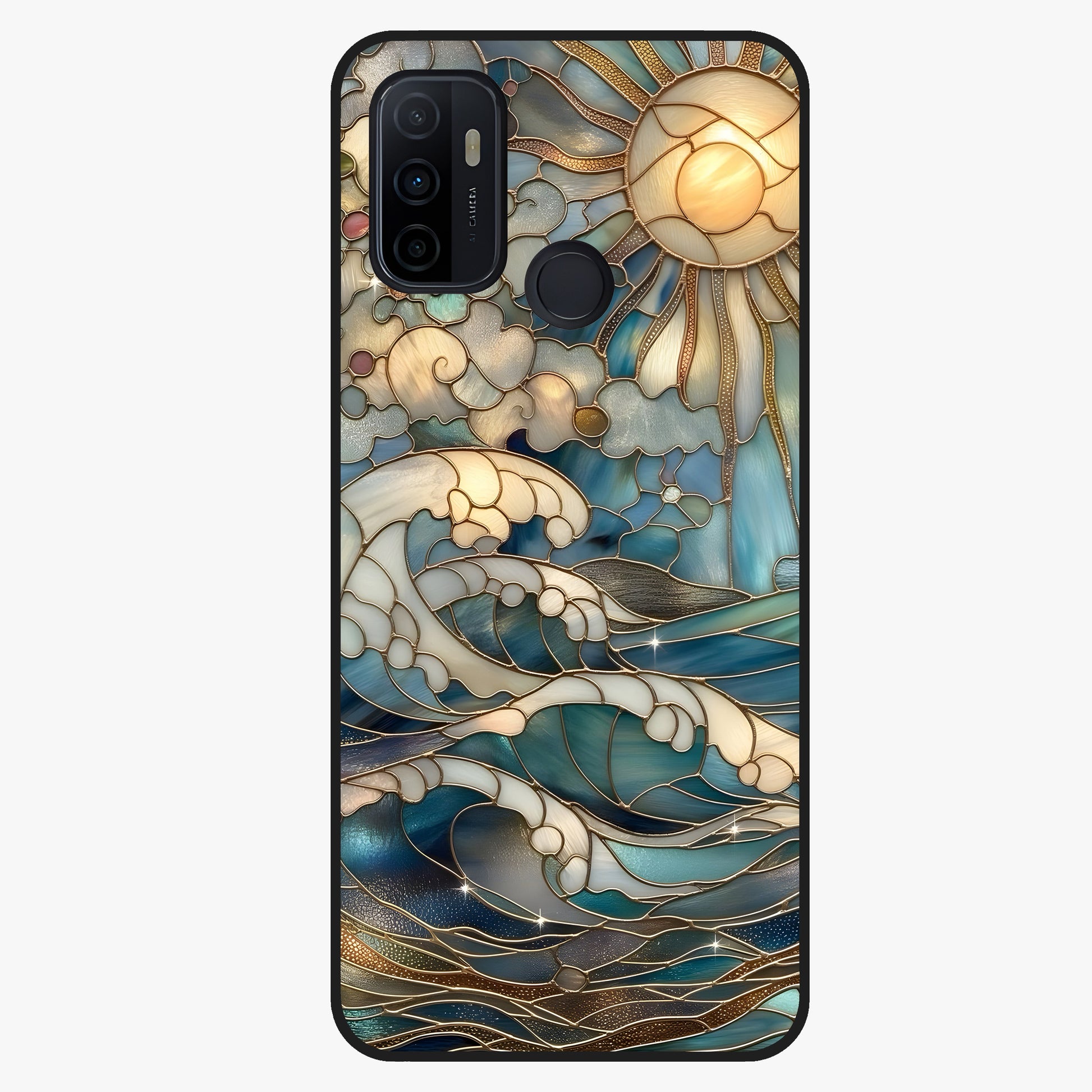 Oceanic Stained Printed Glass Case showing flat back view with ocean inspired stained pattern artwork and glossy glass finish.