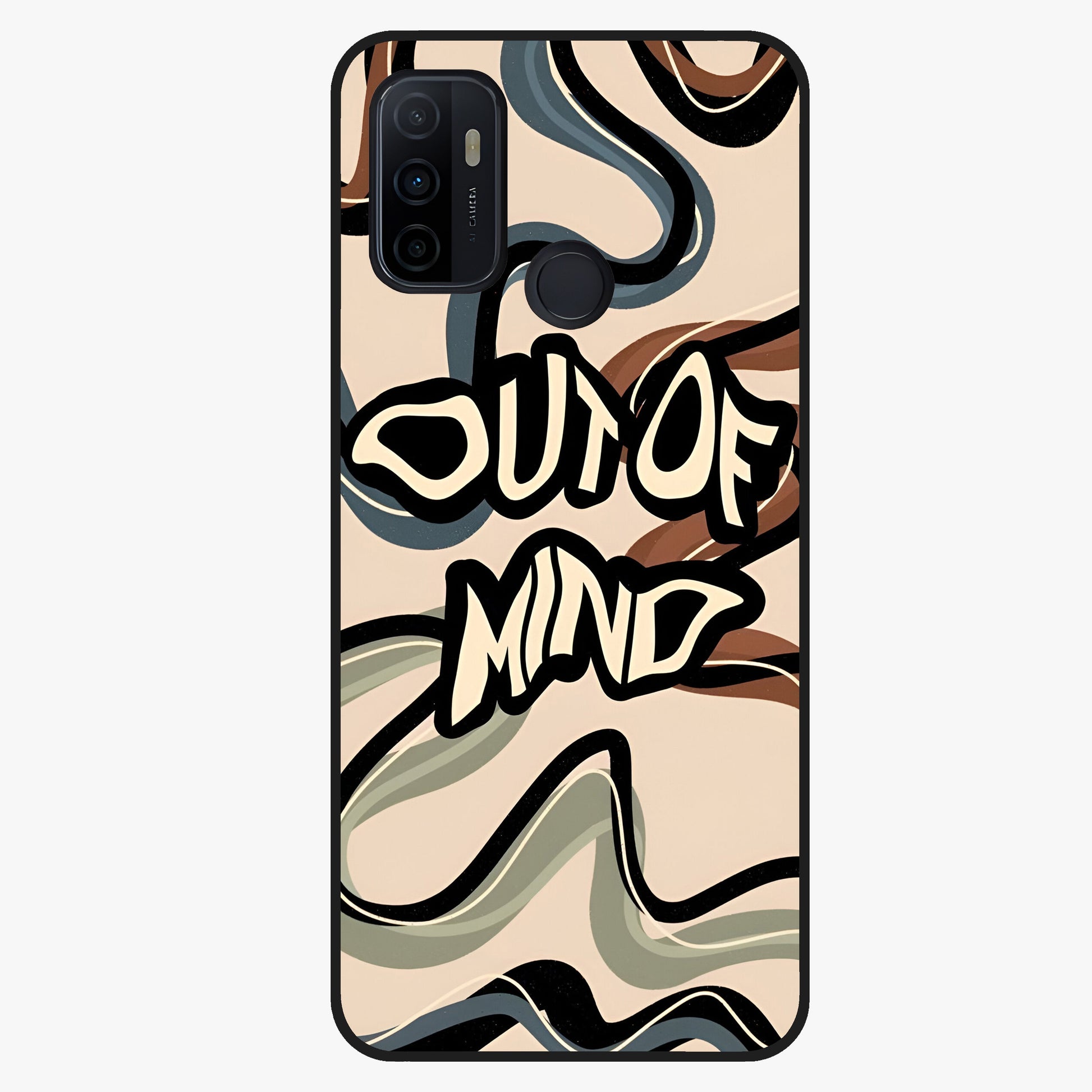 Out Of Mind Glass Case showing flat back view with expressive typography artwork and glossy glass finish.