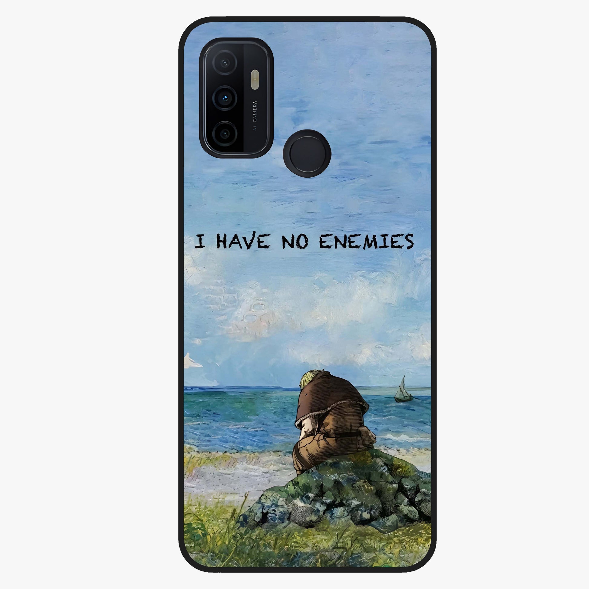 Peace Beyond War Glass Case showing flat back view with symbolic peace themed artwork and glossy glass finish.