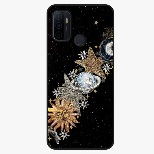 Pearls Universe Object Glass Case showing flat back view with pearl inspired cosmic artwork and glossy glass finish.
